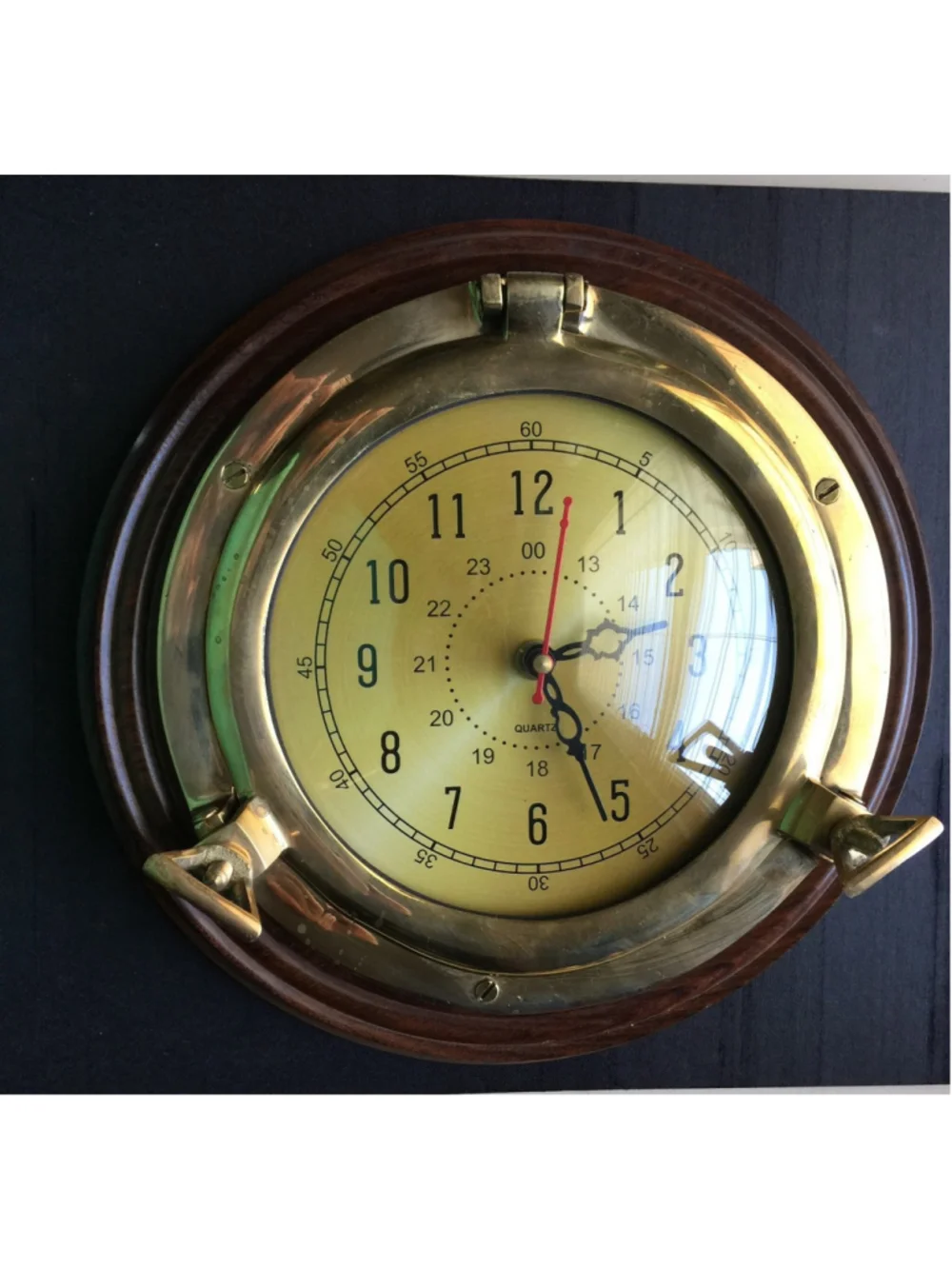 Nautical Ship’s Clock Porthole Look Brass & dark wood 10 Inch Working